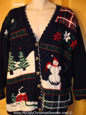 80s Classic Tacky Cardigan Sweater with Snowman, Poinsetias, and Winter Scenes (f1029)