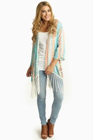 Aqua Coral Printed Linen Tassel Trim Open Cardigan