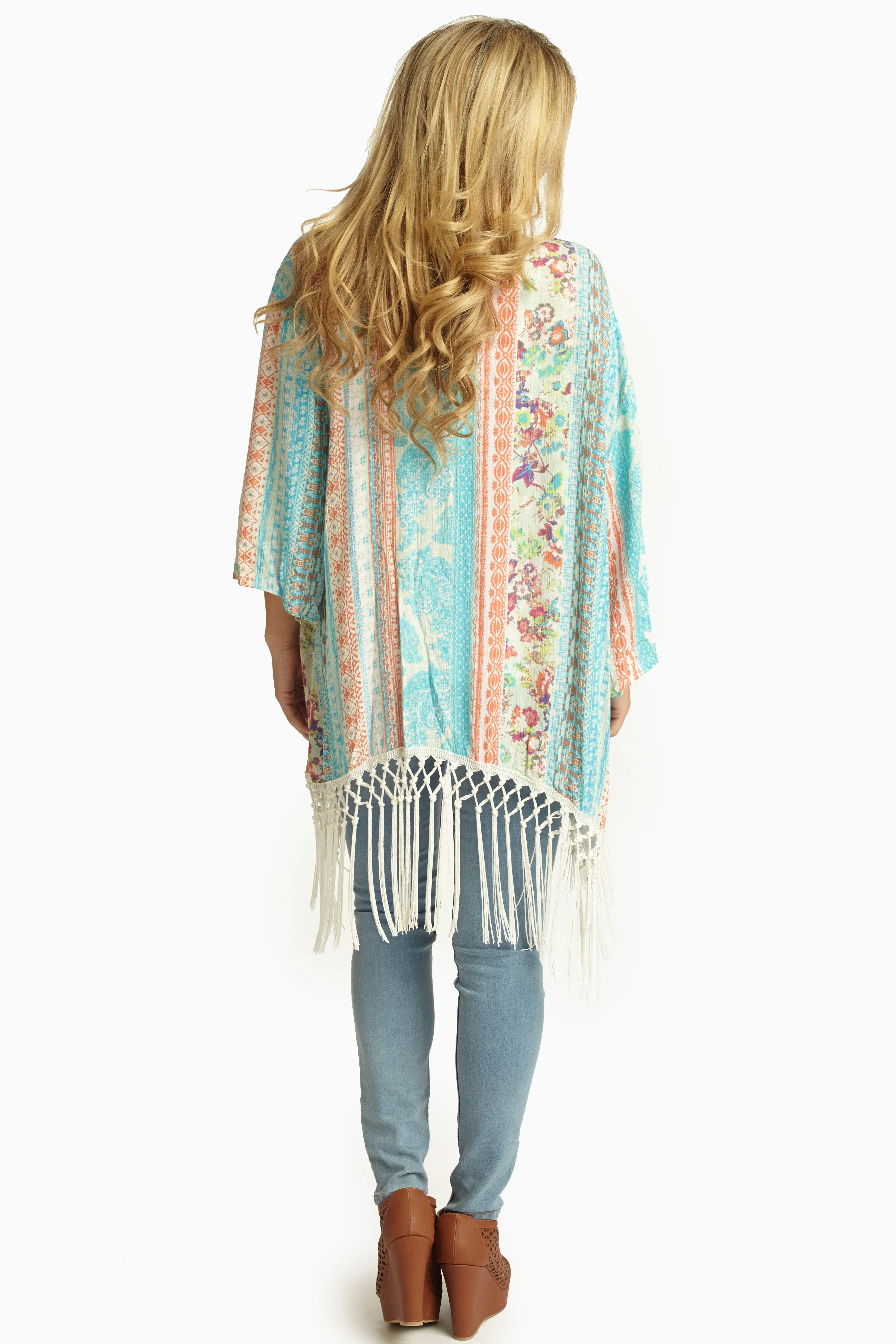 Aqua Coral Printed Linen Tassel Trim Open Cardigan