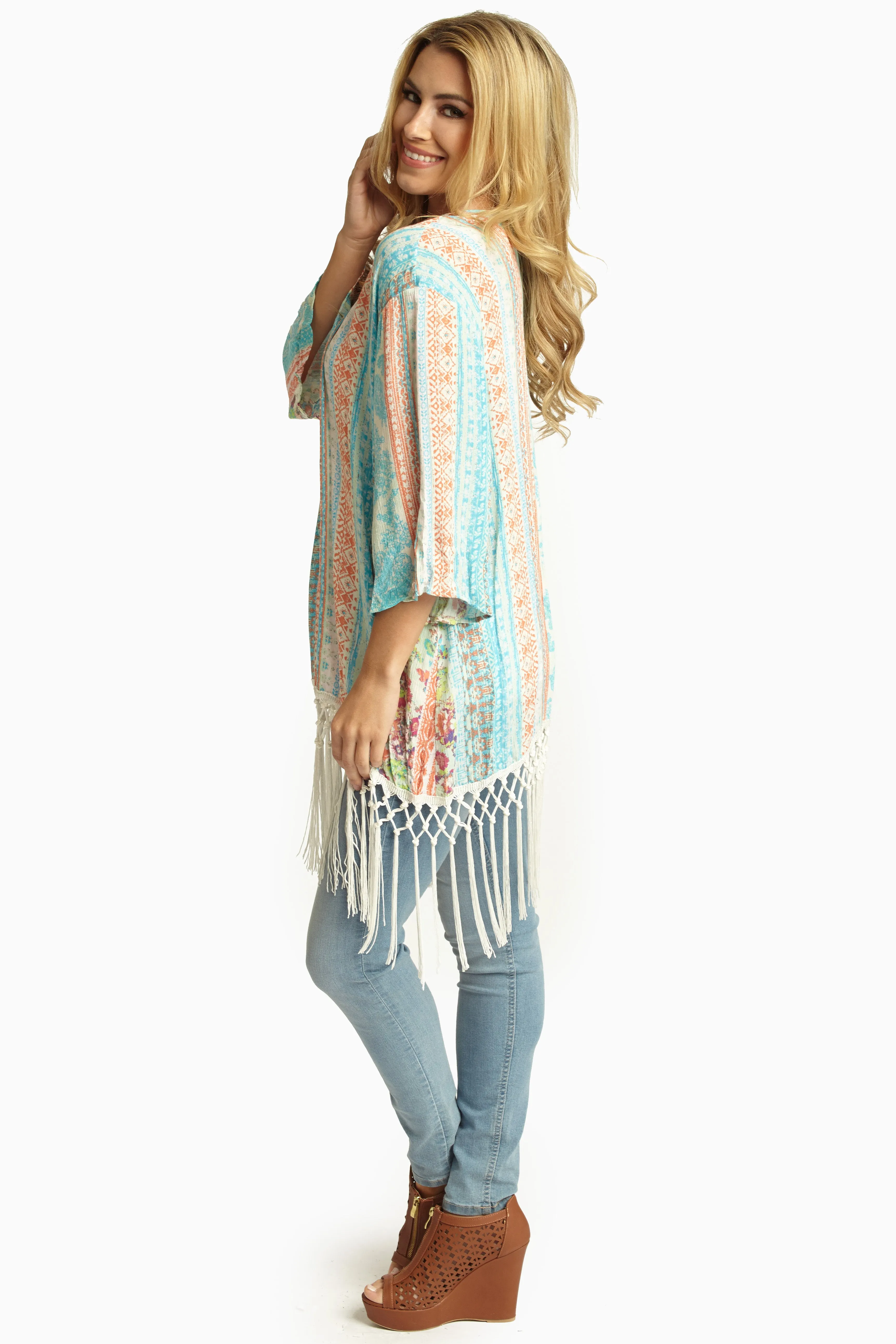 Aqua Coral Printed Linen Tassel Trim Open Cardigan