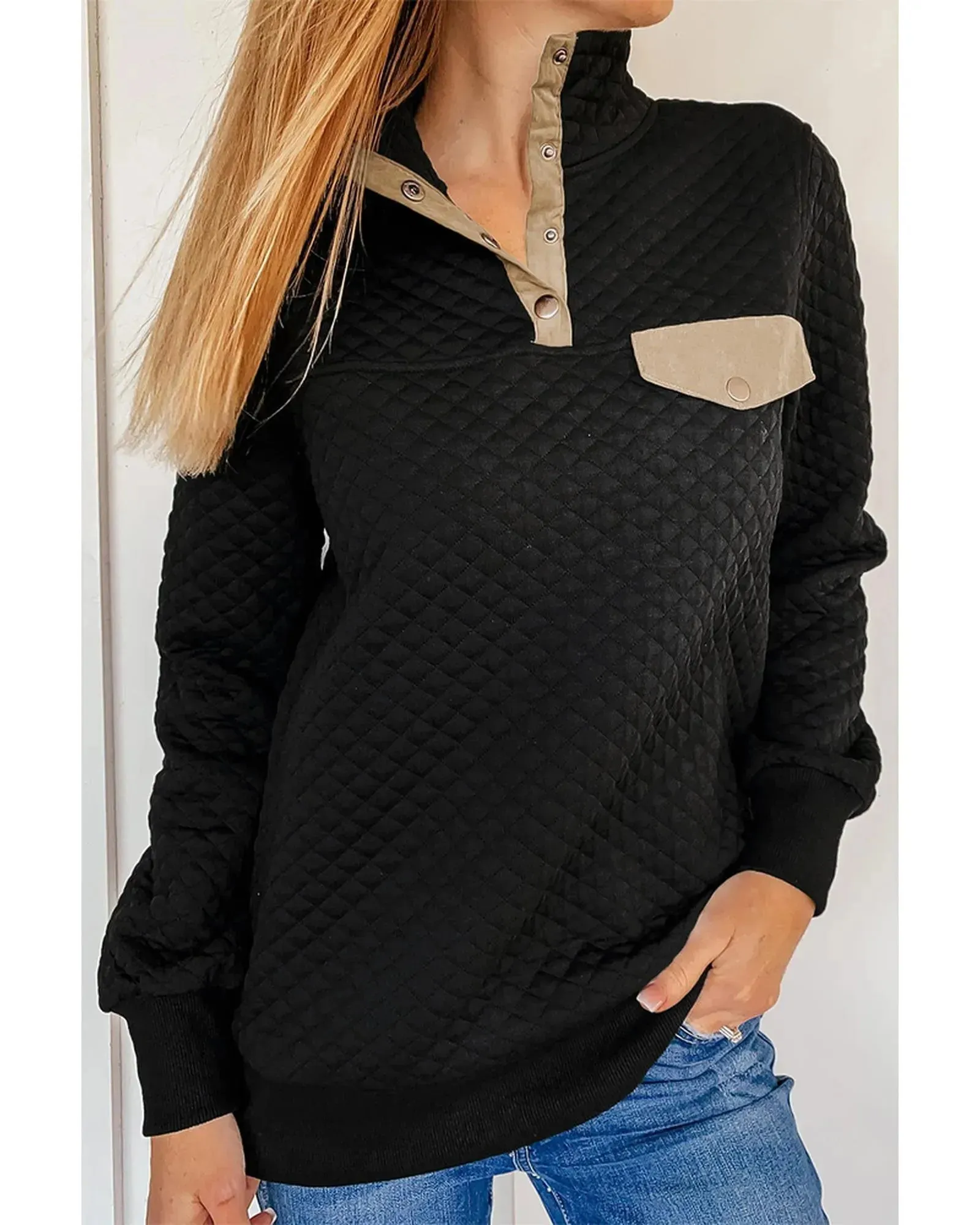 Azura Exchange Quilted Stand Neck Sweatshirt with Fake Front Pocket - S