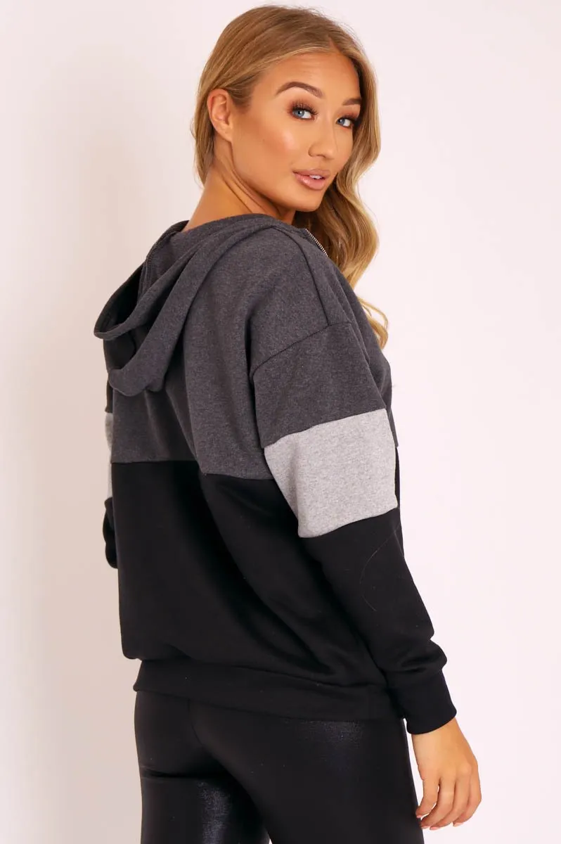 Black Grey Stripe Zip Front Hoodie - Tyra