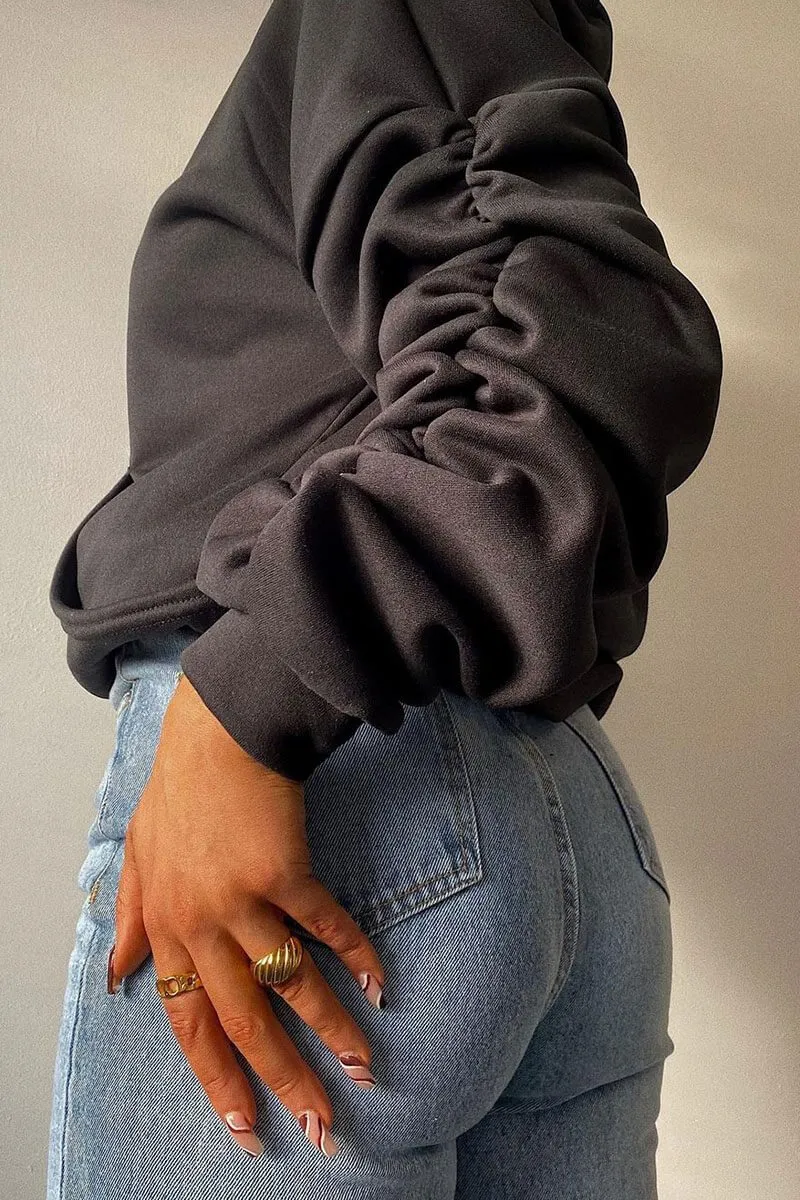 Black Ruched Sleeve Oversized Hoodie - Dezi