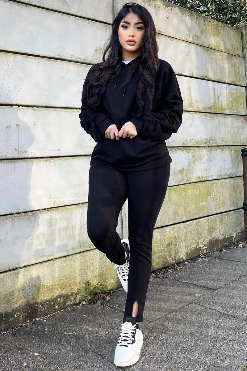 Black Ruched Sleeve Oversized Hoodie - Dezi