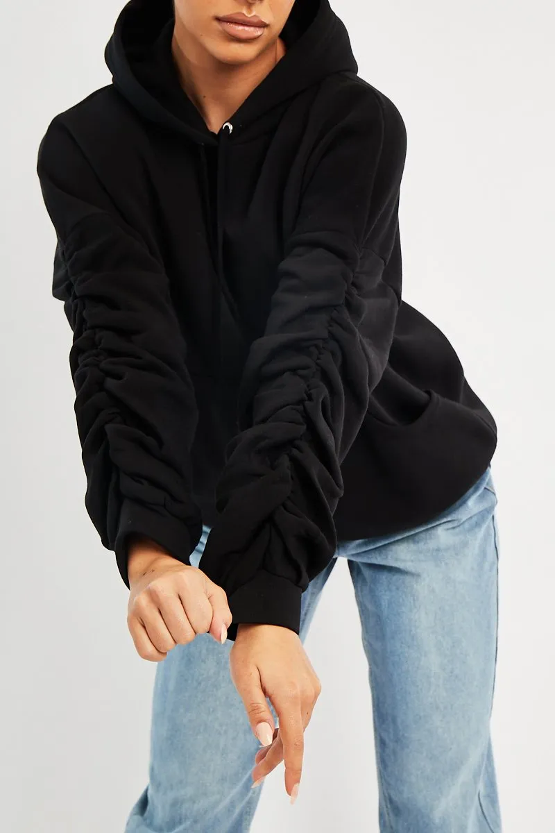 Black Ruched Sleeve Oversized Hoodie - Dezi