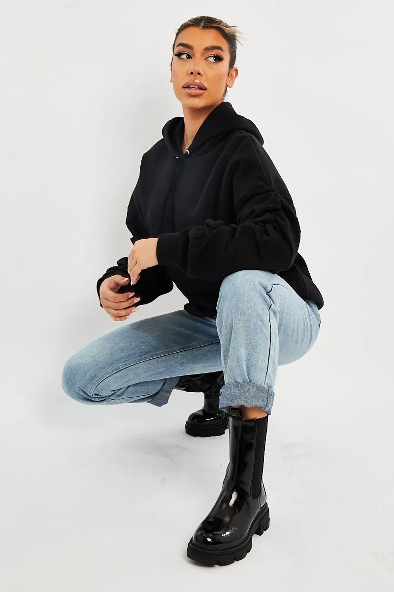 Black Ruched Sleeve Oversized Hoodie - Dezi