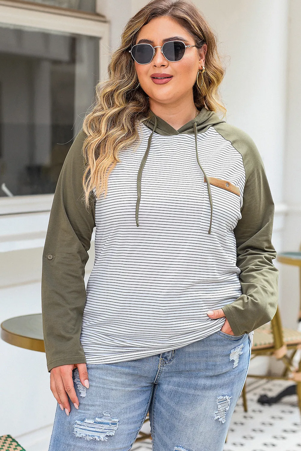 Black Striped Raglan Sleeve Pocket Plus Size Hoodie