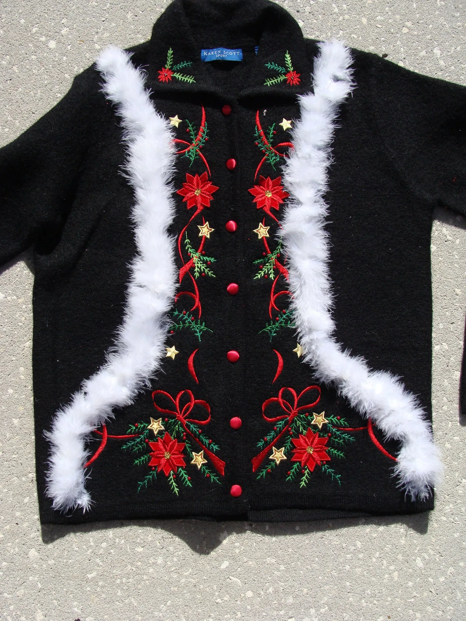 Black Ugly Christmas Sweater with Red Poinsettias