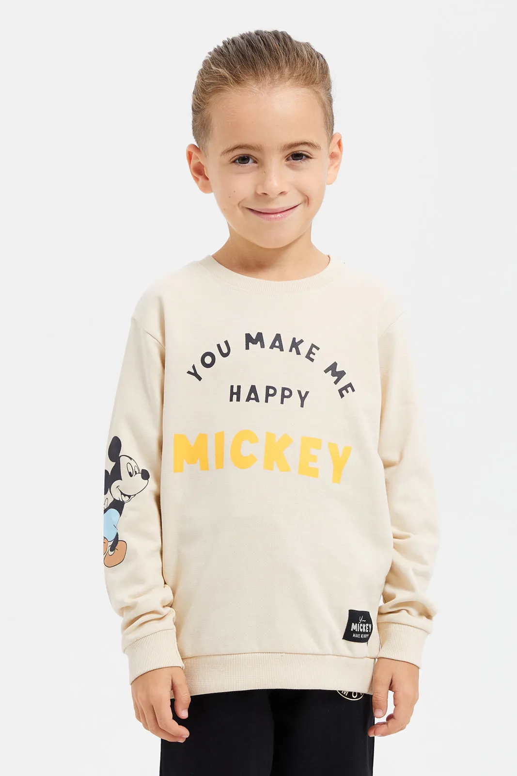 Boys Beige And Black Mickey Mouse Jogger Set (2 Piece)