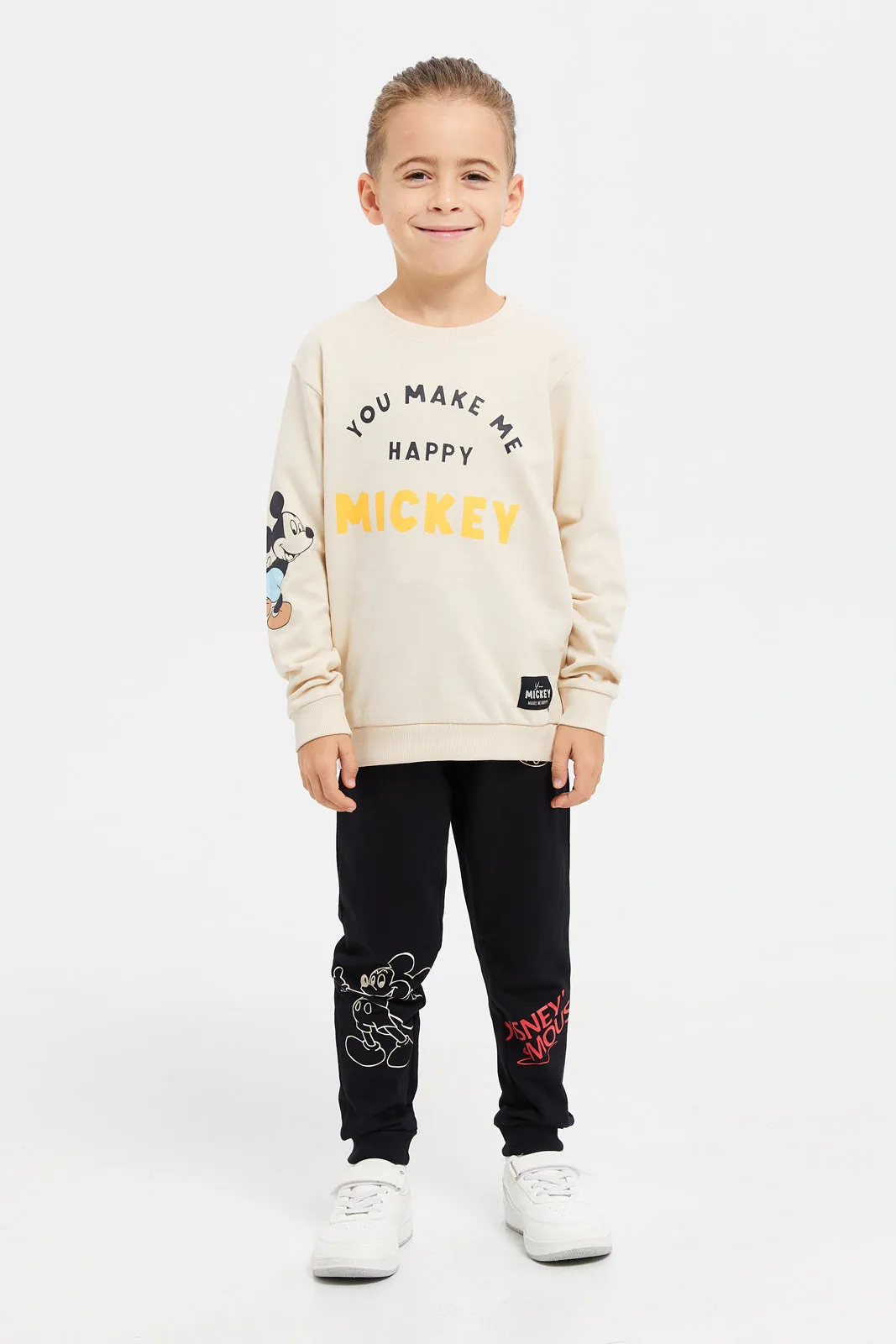 Boys Beige And Black Mickey Mouse Jogger Set (2 Piece)