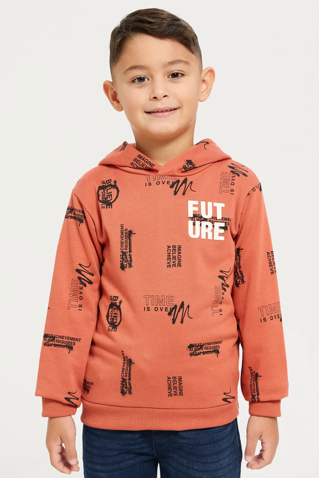 Boys Beige Print Hooded Sweatshirt