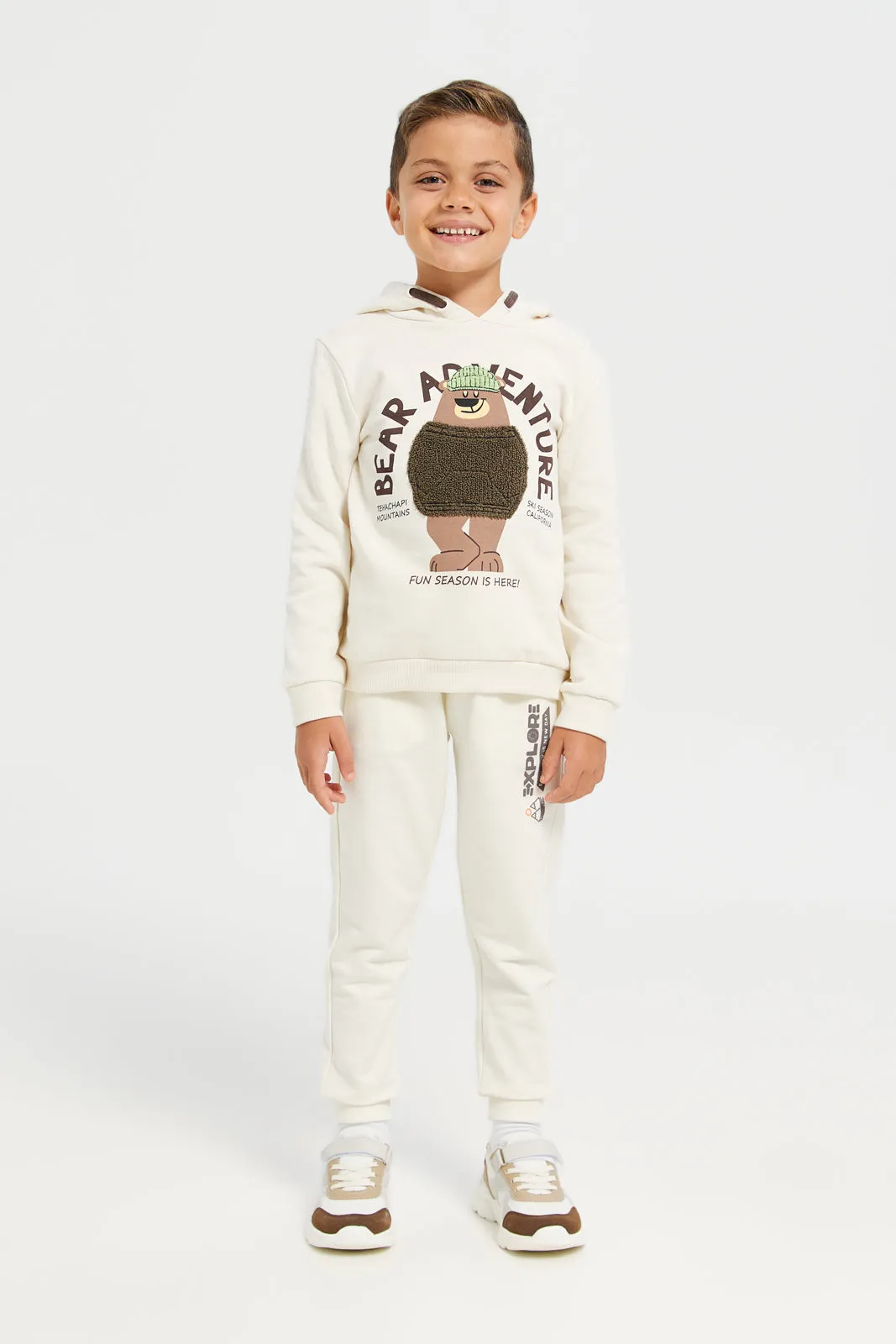 Boys Cream Towel Embroidered With Hooded Sweatshirt