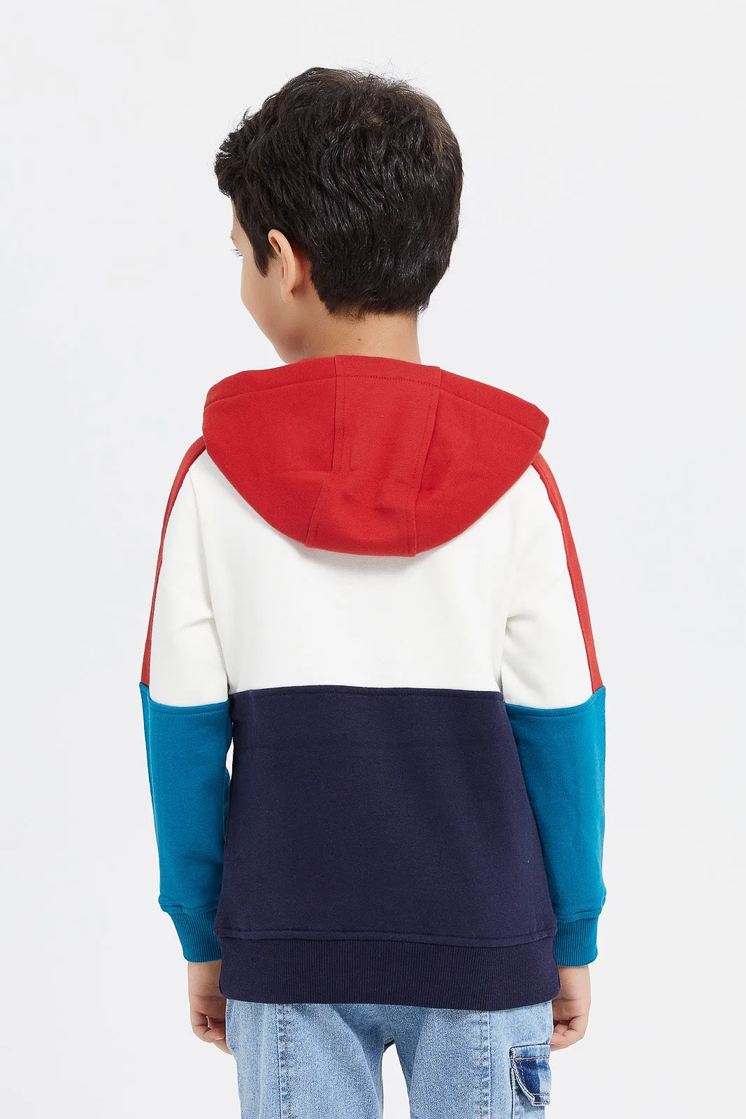 Boys White Paneled Flap Pocket Hooded Sweat