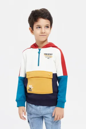 Boys White Paneled Flap Pocket Hooded Sweat