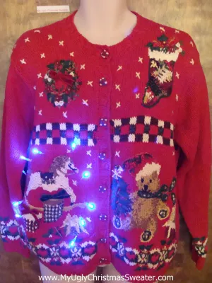 Busy Corny Tacky Xmas Sweater with Rocking Horse and Lights