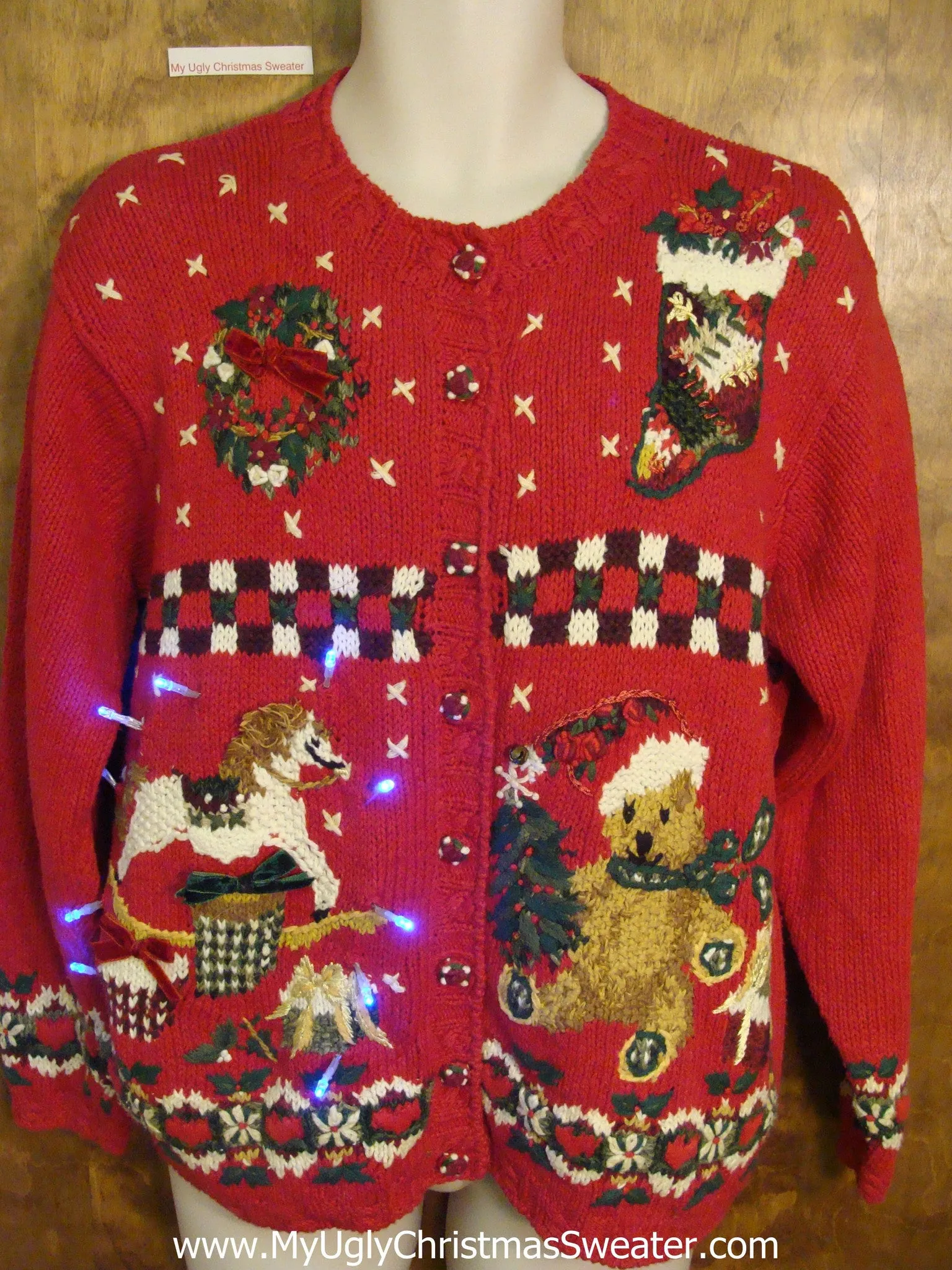 Busy Corny Tacky Xmas Sweater with Rocking Horse and Lights