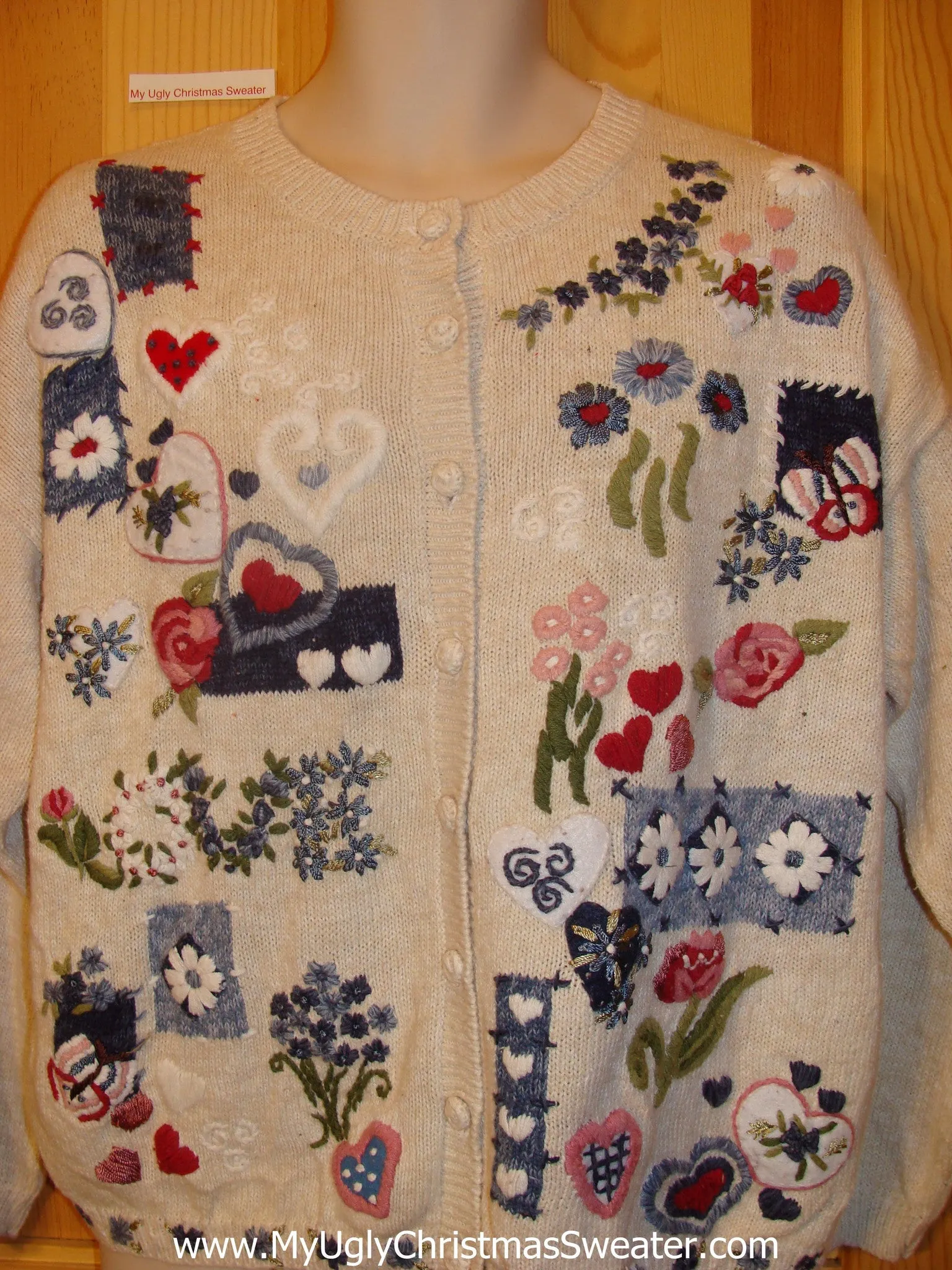 Cheap Ugly Cardigan Sweater with Hearts and Flowers