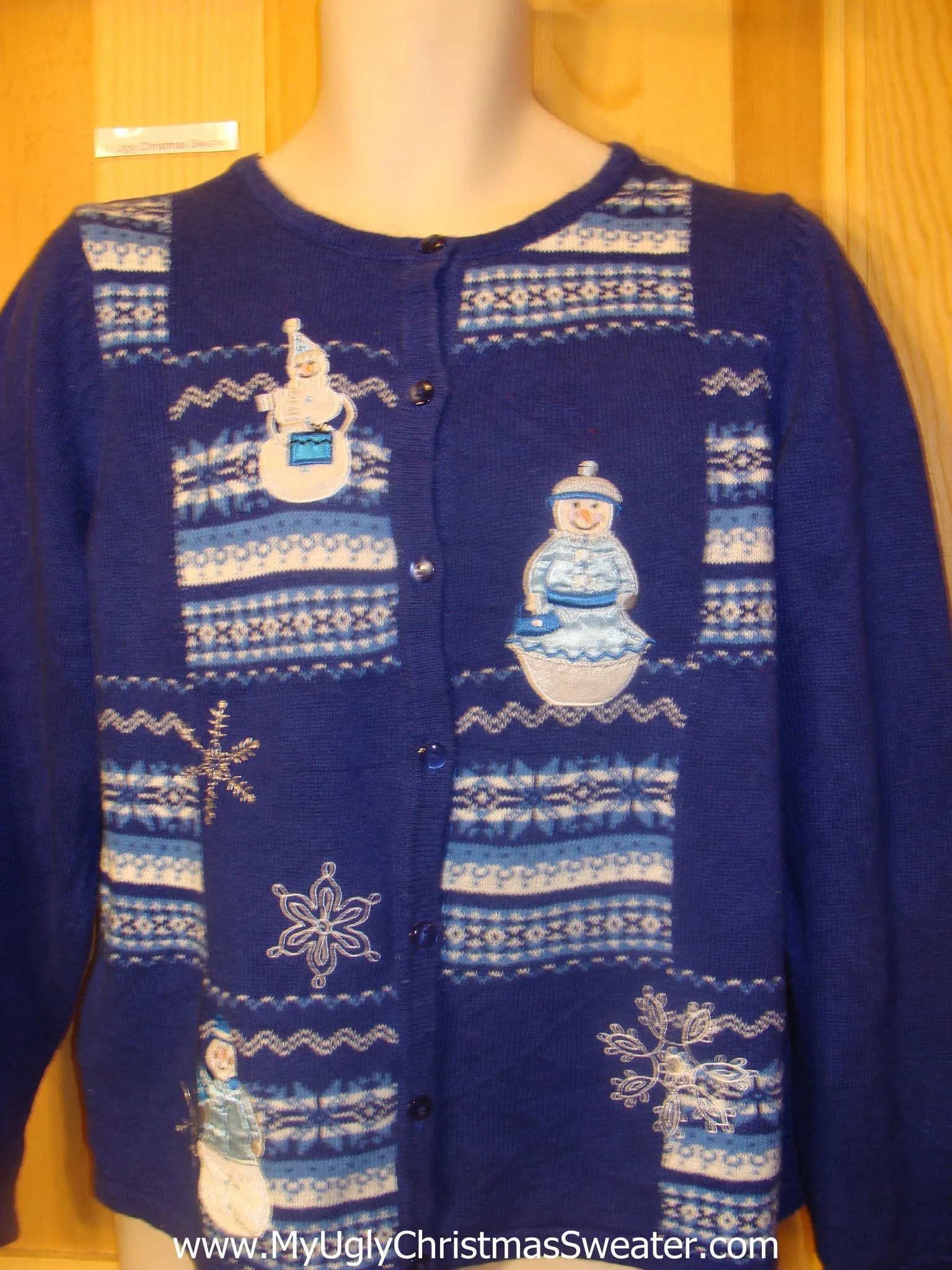 Cheesy Blue Christmas Jumper Sweater with Snowmen