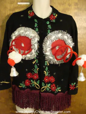 Corny Poinsettias Naughty Ugly Christmas Sweater with Tacky Fringe