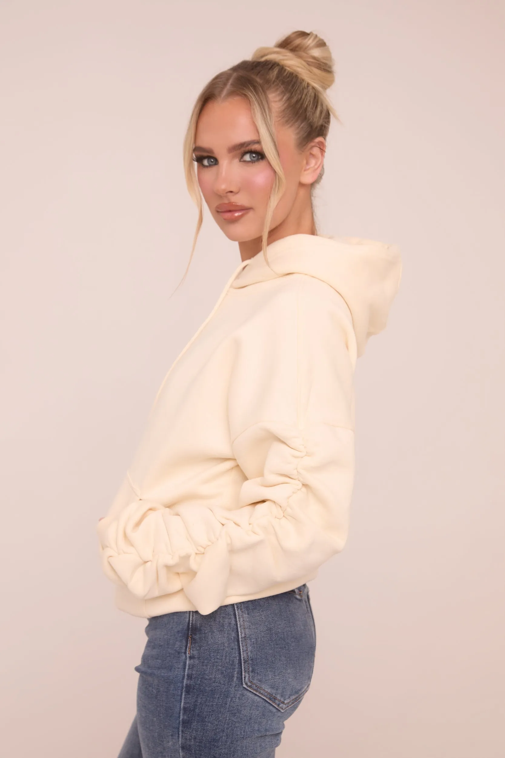 Cream Ruched Sleeve Oversized Hoodie - Lorna