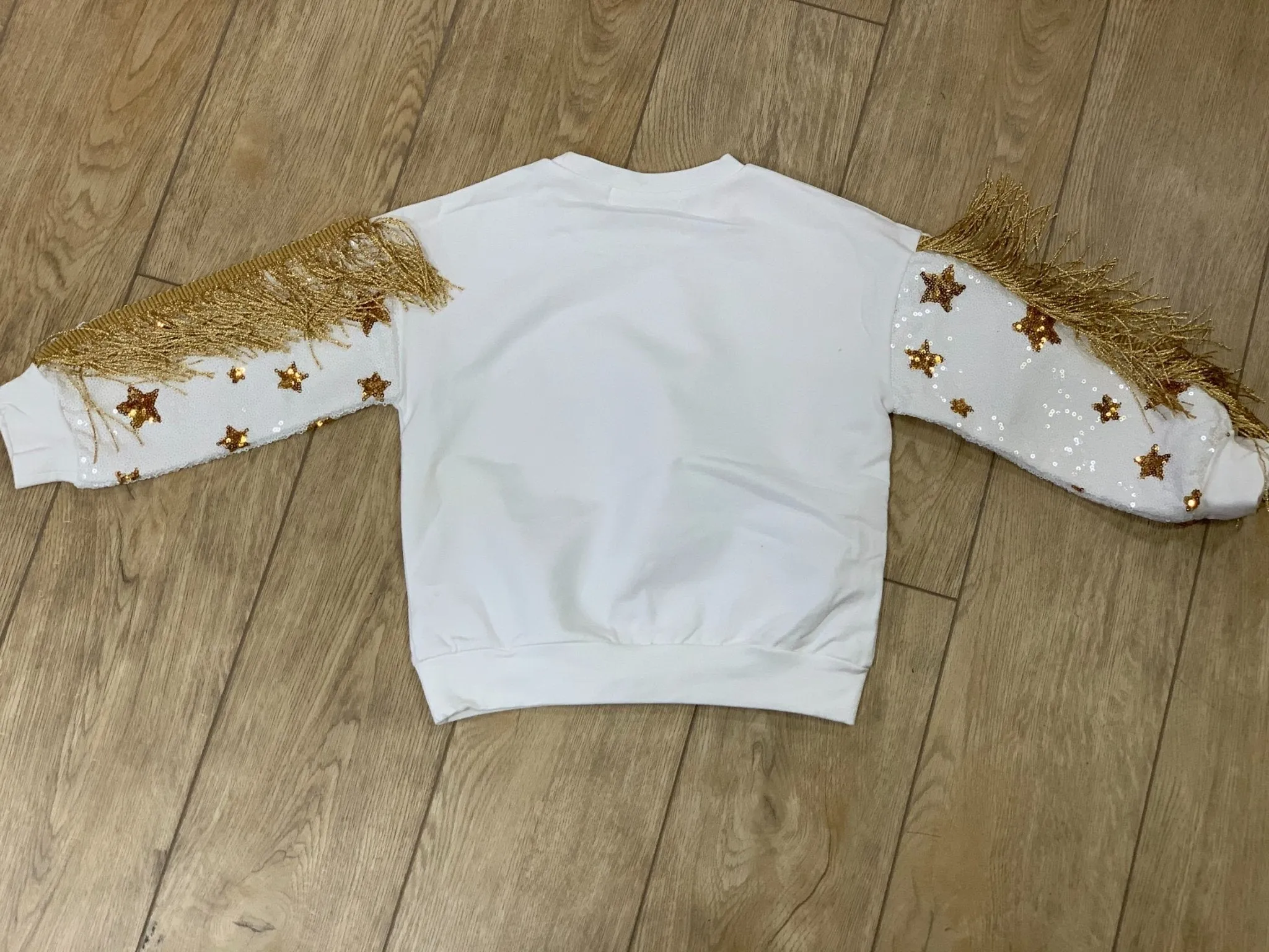 Doe a Dear Girls White Unicorn Sweatshirt With Gold Sequin & Fringe Sleeves