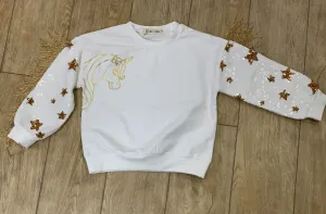 Doe a Dear Girls White Unicorn Sweatshirt With Gold Sequin & Fringe Sleeves