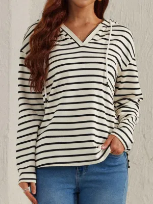 Drawstring Striped Long Sleeve Hoodie