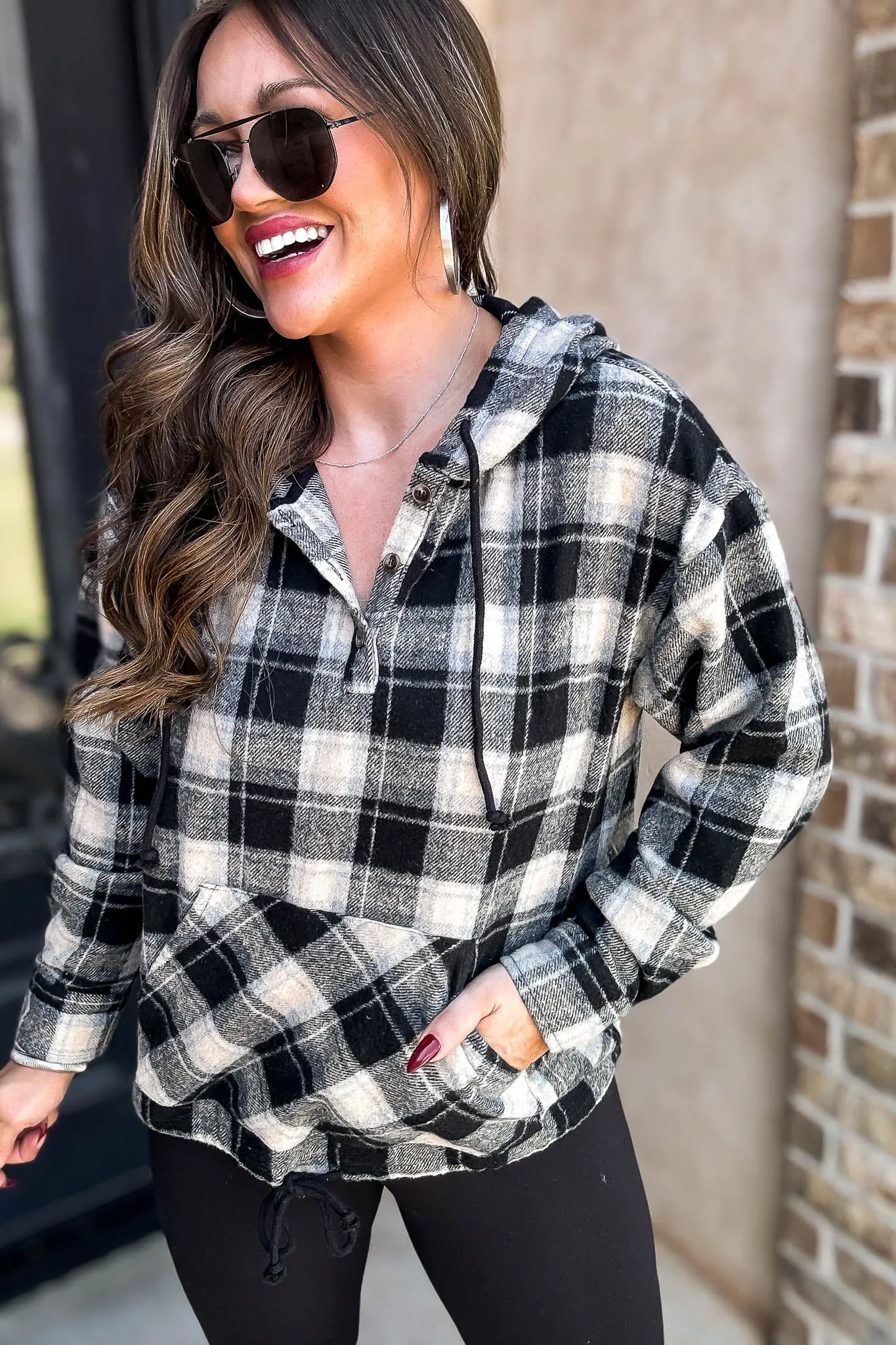 Flannel Plaid Pullover Hoodie W/ Kangaroo Pocket