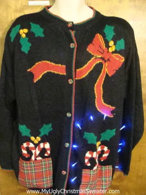 Funny 80s Mess with Bow and Candycanes Xmas Sweater with Lights