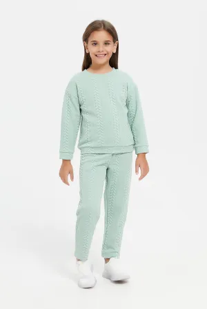 Girls Green Jacquard Knit Jog Set (2 Piece)