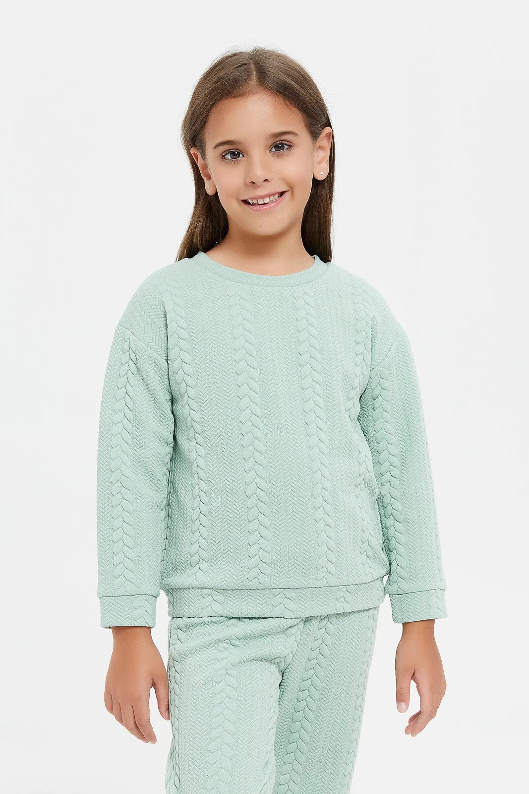 Girls Green Jacquard Knit Jog Set (2 Piece)