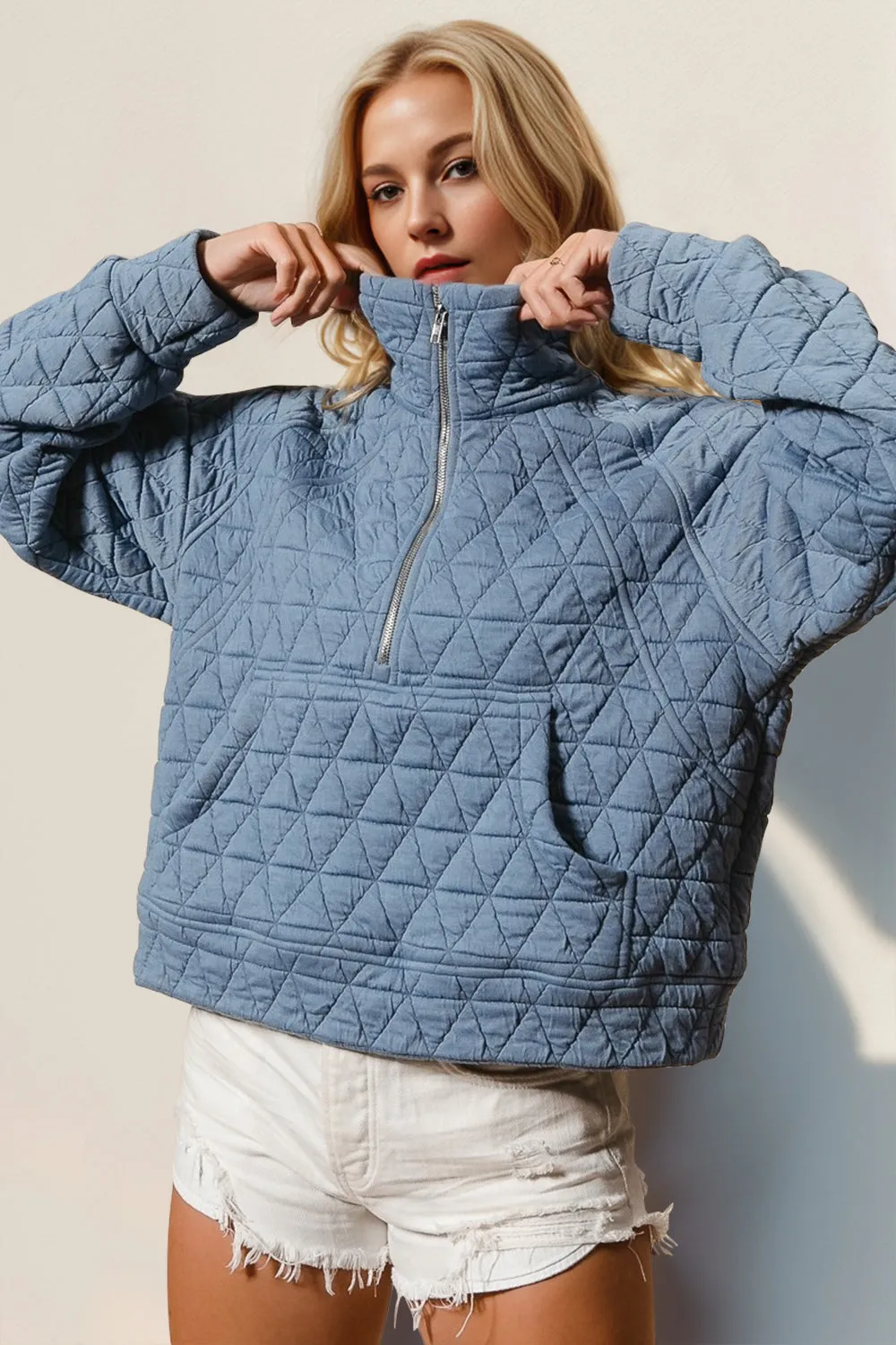 Half Zip Long Sleeve Quilted Sweatshirt with Pocket