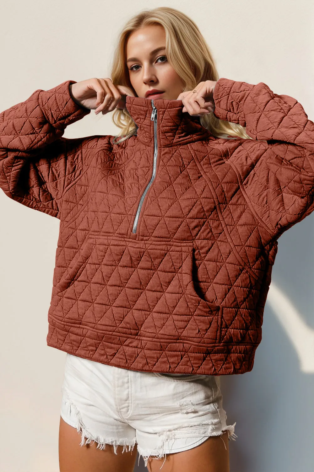 Half Zip Long Sleeve Quilted Sweatshirt with Pocket