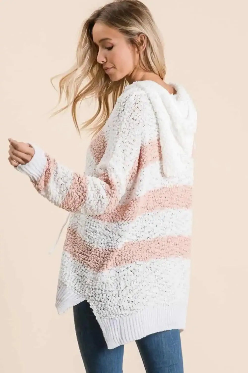 High-Low Striped Popcorn Hoodie Sweater