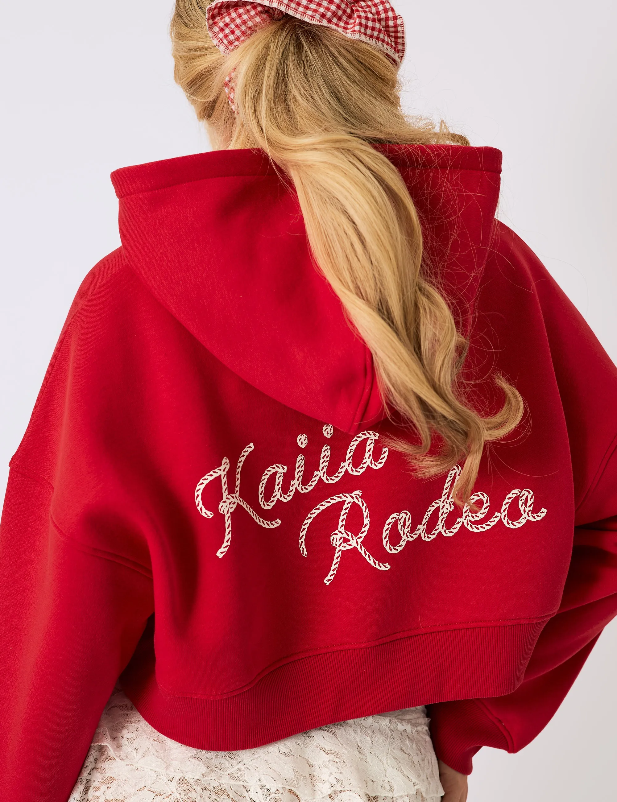 Kaiia Rodeo Logo Cropped Oversized Hoodie Red