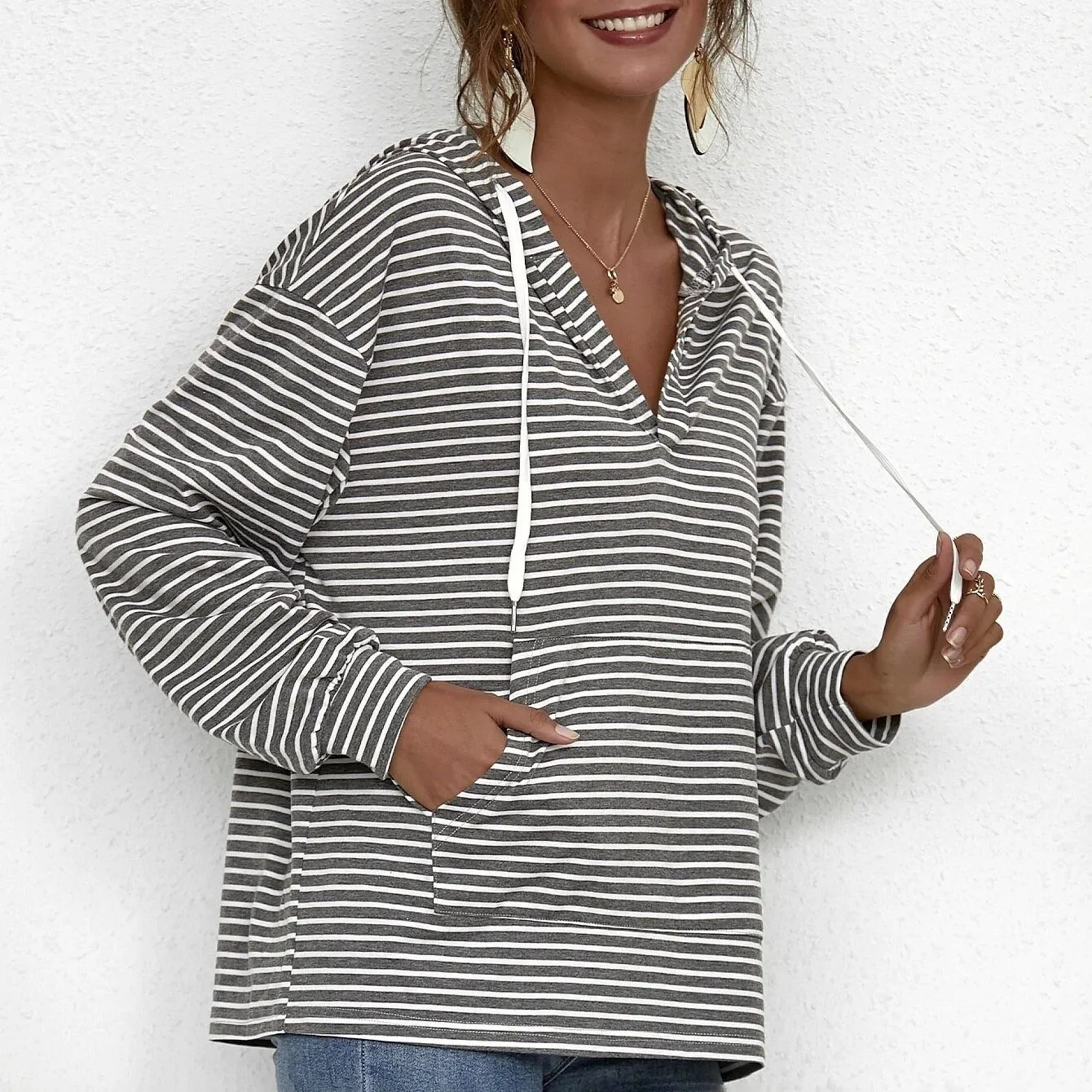 Kangaroo Pocket Striped Drawstring Hoodie