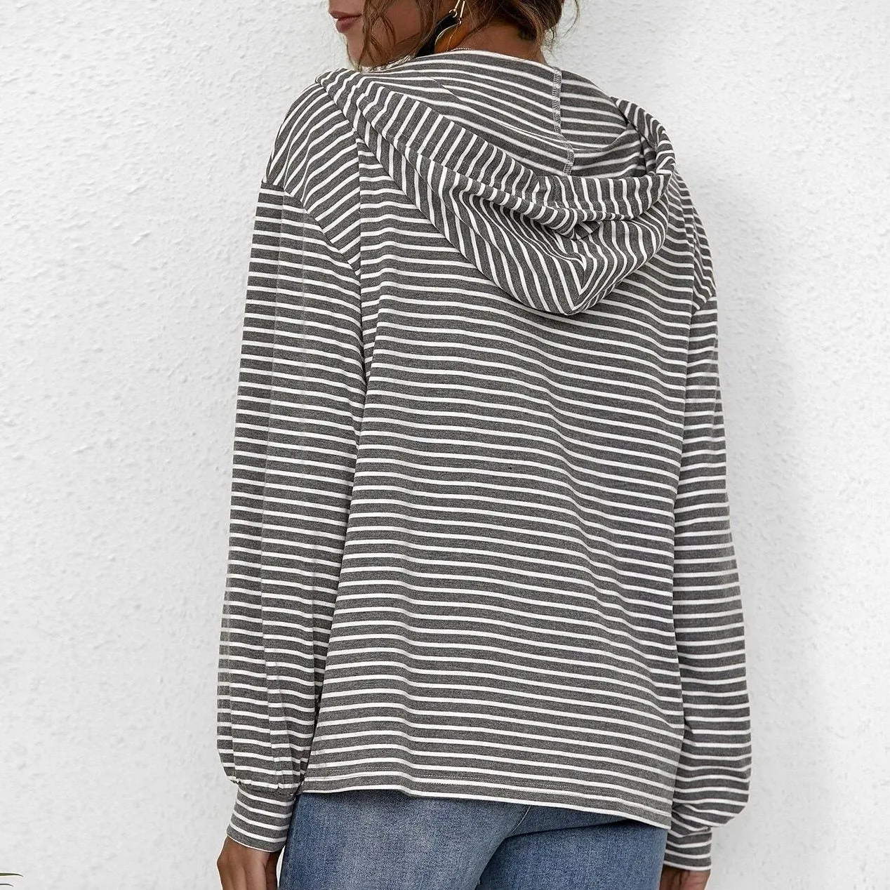 Kangaroo Pocket Striped Drawstring Hoodie