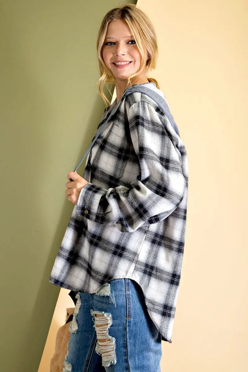 Plaid Button-down hoodie with rounded bottom hem