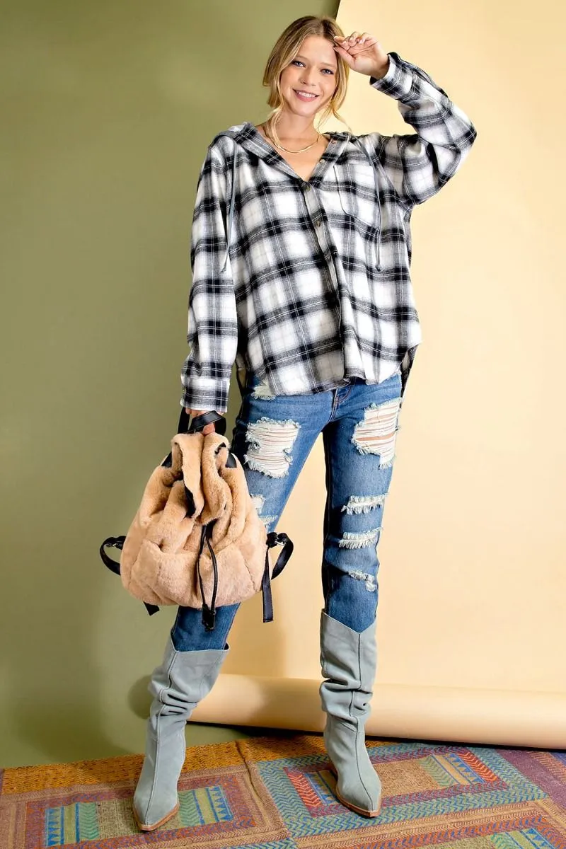 Plaid Button-down hoodie with rounded bottom hem