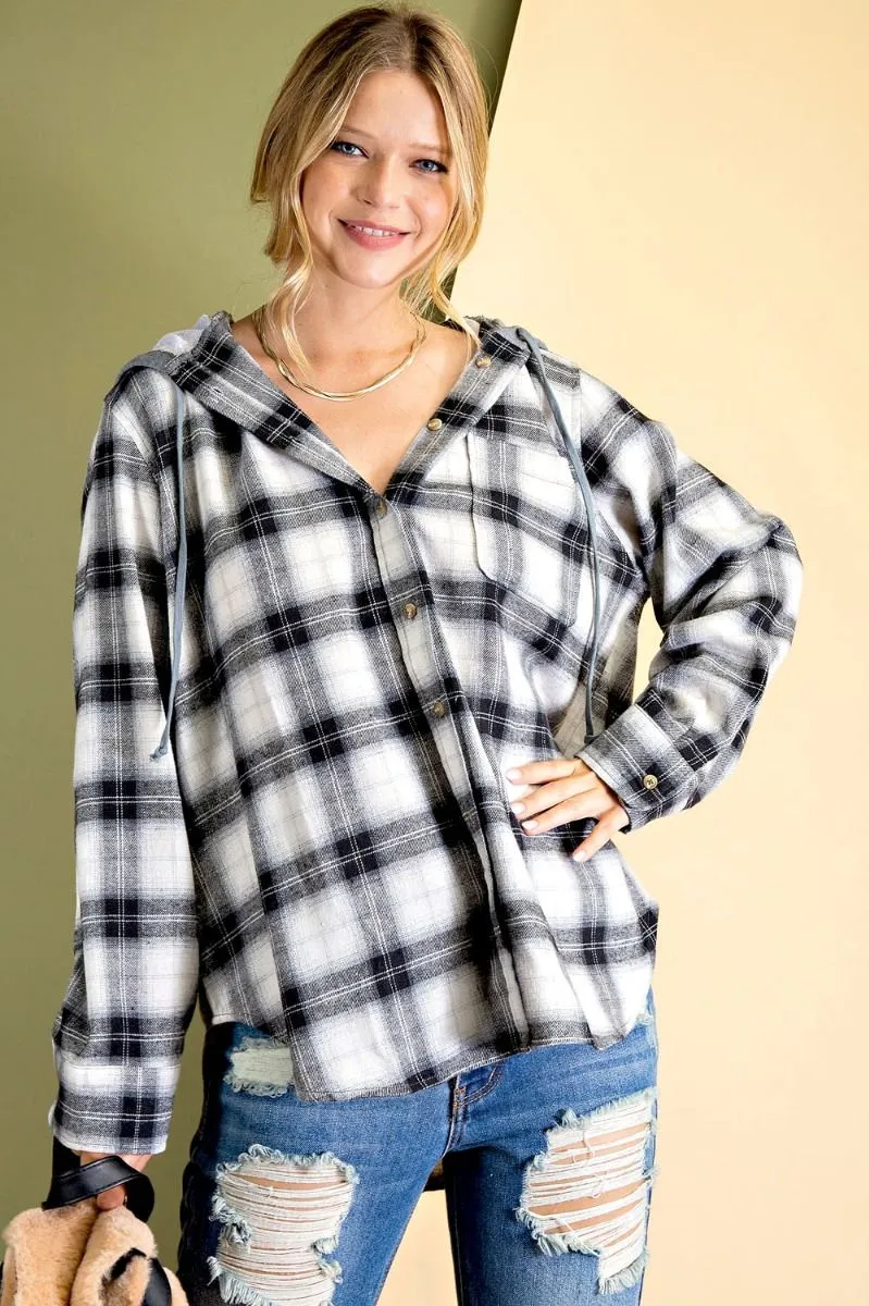 Plaid Button-down hoodie with rounded bottom hem