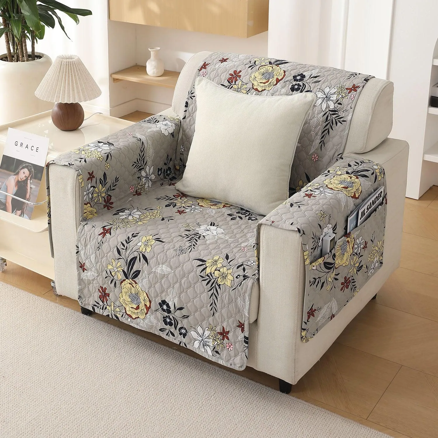 Quilted Printed Polyester Sofa Cover Mat for 1/2/3 Seater Sofa with Side Pockets, Pet Friendly, Floral Ash Grey