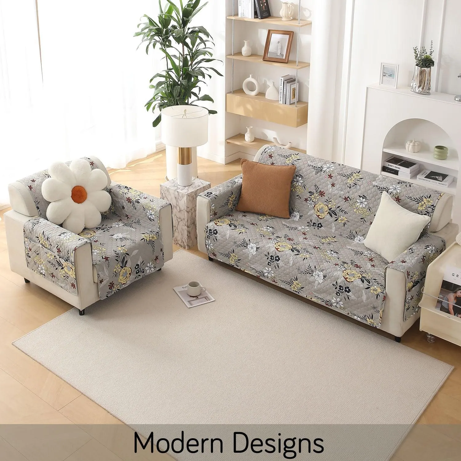 Quilted Printed Polyester Sofa Cover Mat for 1/2/3 Seater Sofa with Side Pockets, Pet Friendly, Floral Ash Grey