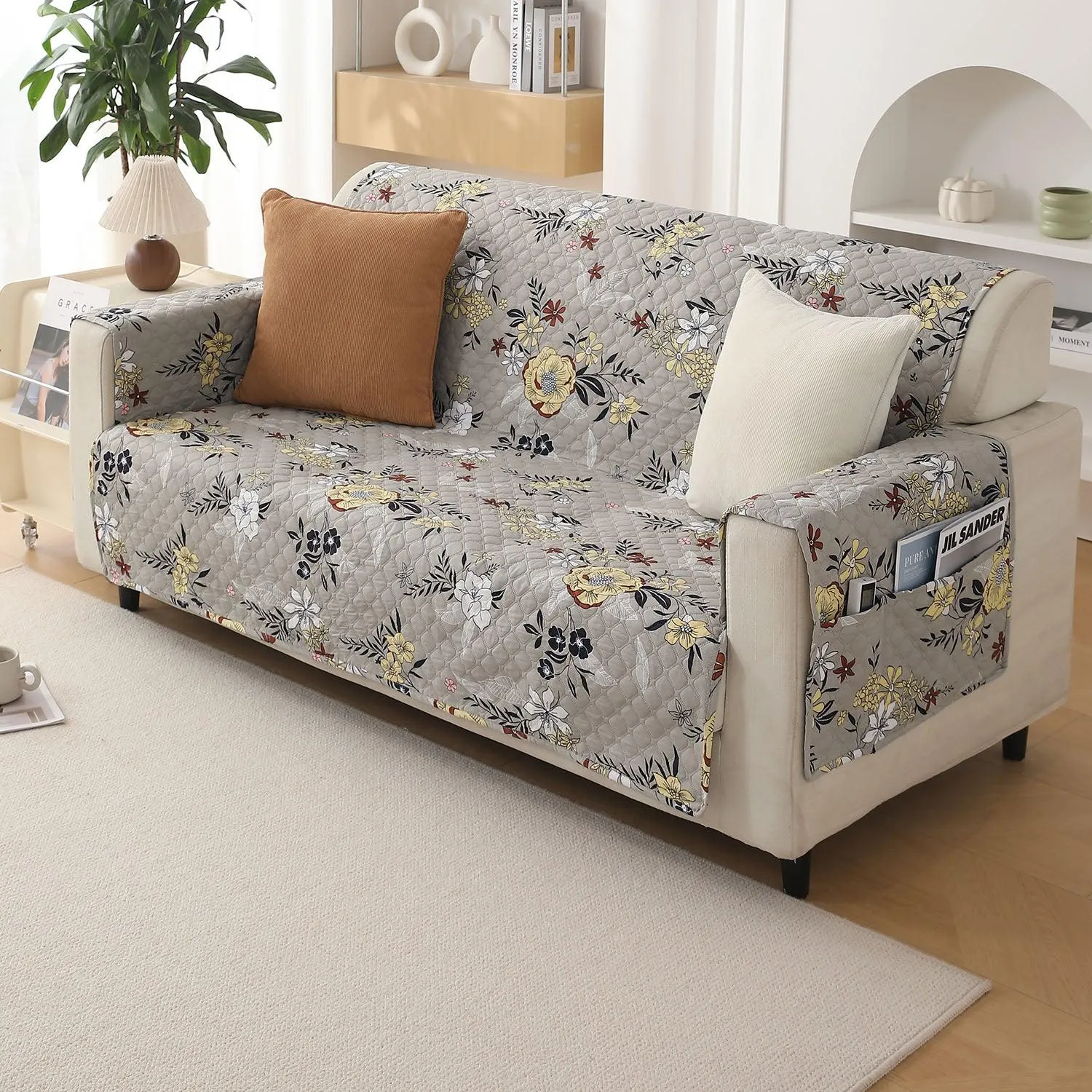 Quilted Printed Polyester Sofa Cover Mat for 1/2/3 Seater Sofa with Side Pockets, Pet Friendly, Floral Ash Grey