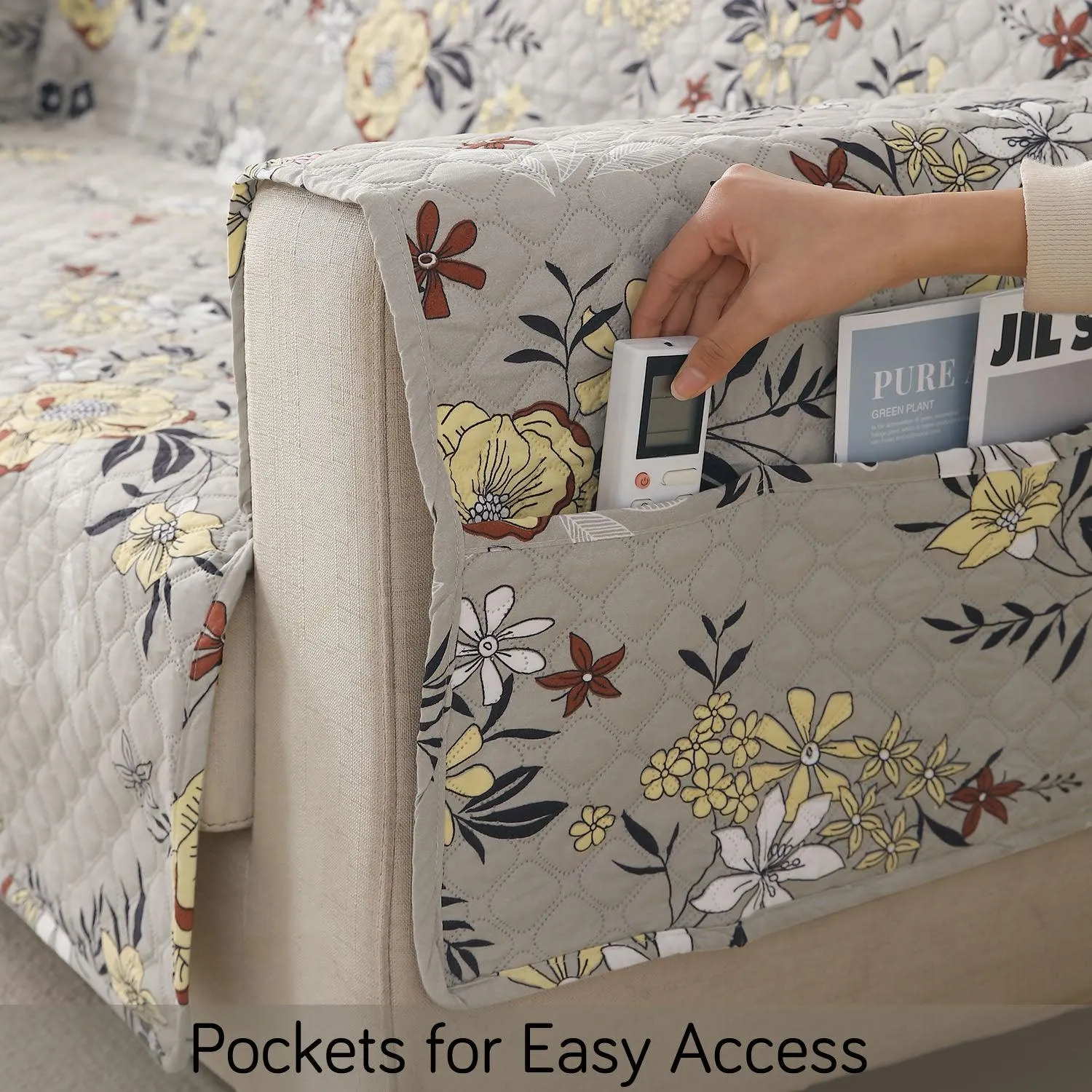 Quilted Printed Polyester Sofa Cover Mat for 1/2/3 Seater Sofa with Side Pockets, Pet Friendly, Floral Ash Grey