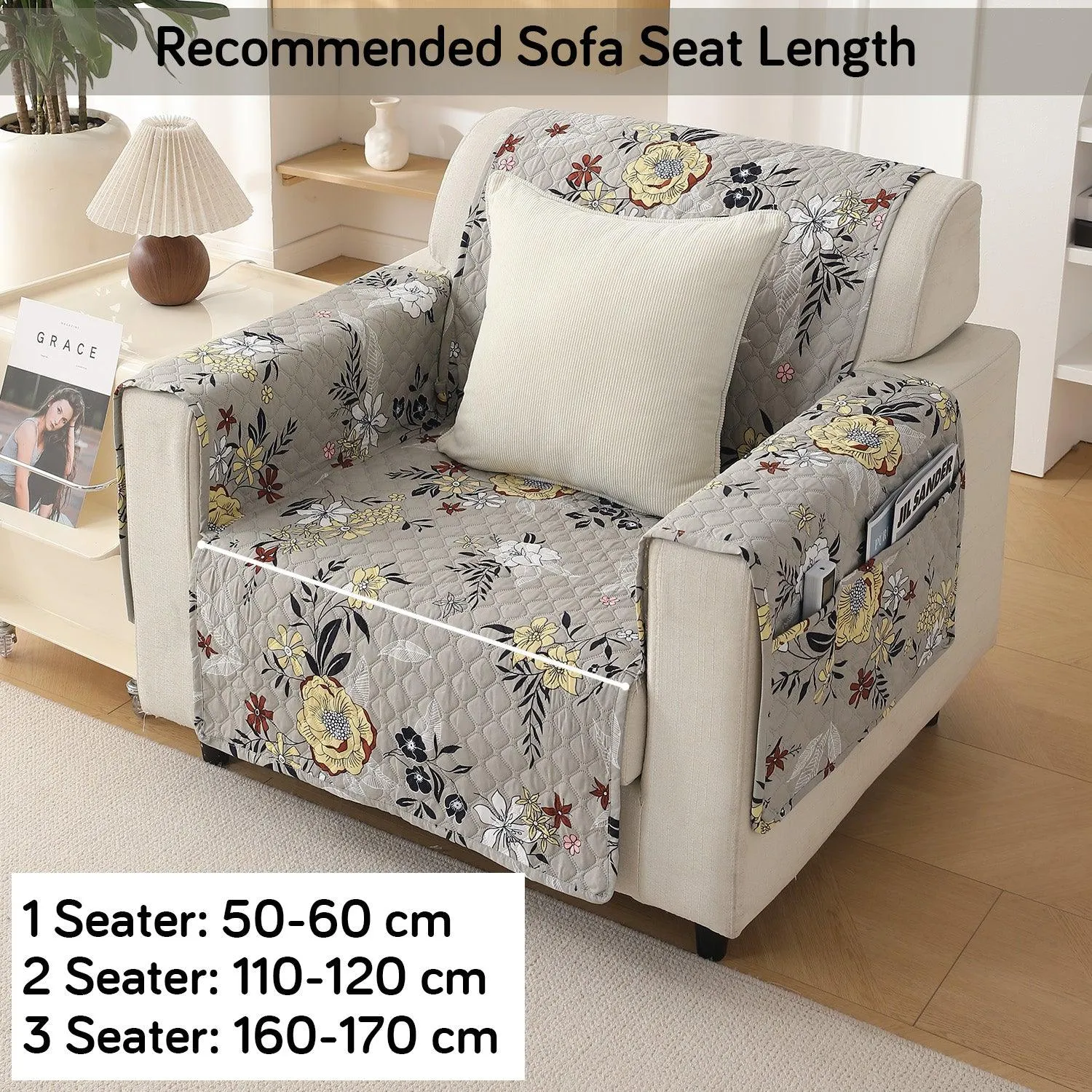 Quilted Printed Polyester Sofa Cover Mat for 1/2/3 Seater Sofa with Side Pockets, Pet Friendly, Floral Ash Grey