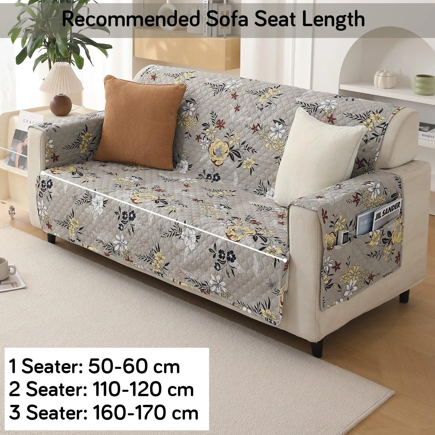 Quilted Printed Polyester Sofa Cover Mat for 1/2/3 Seater Sofa with Side Pockets, Pet Friendly, Floral Ash Grey