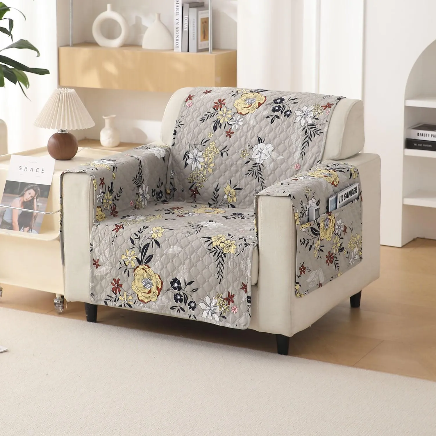 Quilted Printed Polyester Sofa Cover Mat for 1/2/3 Seater Sofa with Side Pockets, Pet Friendly, Floral Ash Grey