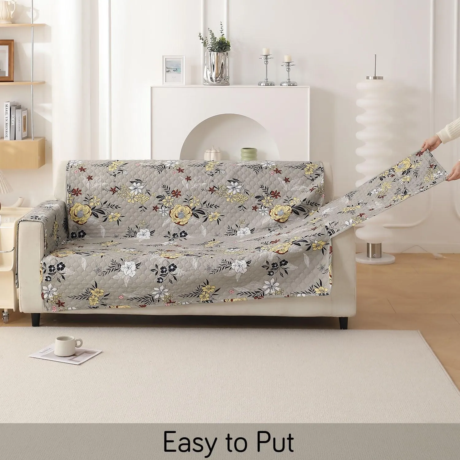 Quilted Printed Polyester Sofa Cover Mat for 1/2/3 Seater Sofa with Side Pockets, Pet Friendly, Floral Ash Grey