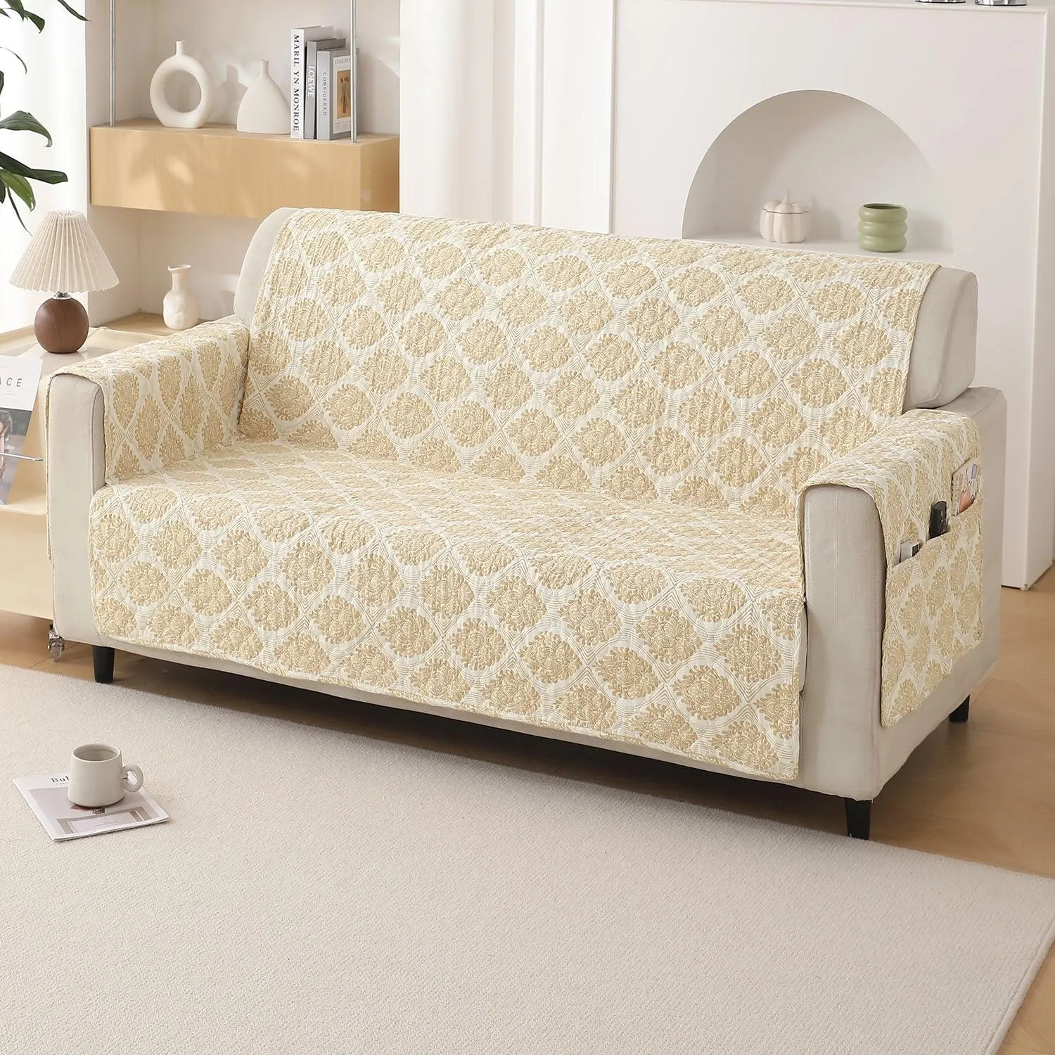 Quilted Printed Polyester Sofa Cover Mat for 1/2/3 Seater Sofa with Side Pockets, Pet Friendly, Ogee Ivory