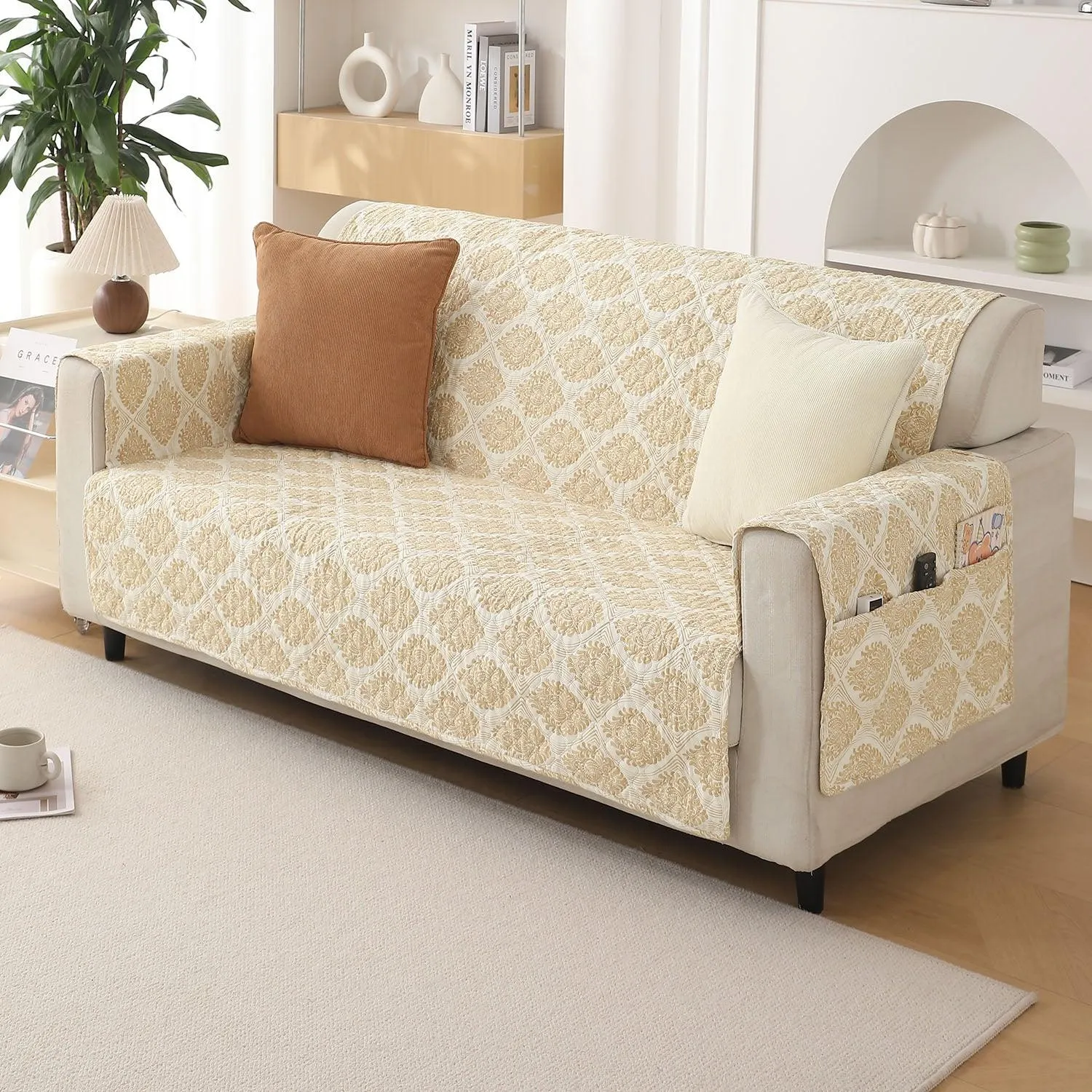 Quilted Printed Polyester Sofa Cover Mat for 1/2/3 Seater Sofa with Side Pockets, Pet Friendly, Ogee Ivory